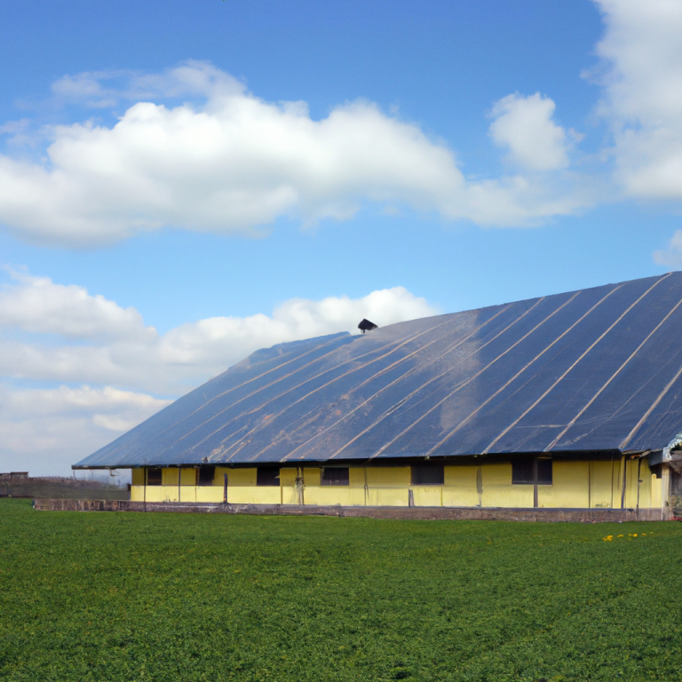 Scheune mit Solarpanelen auf dem Dach und grünem Feld im Vordergrund.