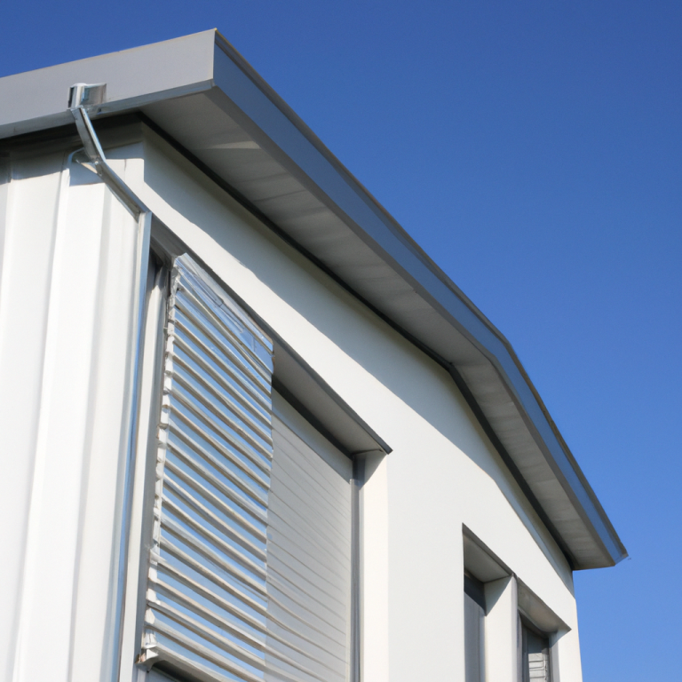 Helle, moderne Hausfassade mit Rollladen und klarem, blauem Himmel.