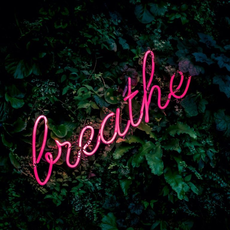 Neon-Schriftzug "breathe" vor einem grünen, pflanzenbedeckten Hintergrund.