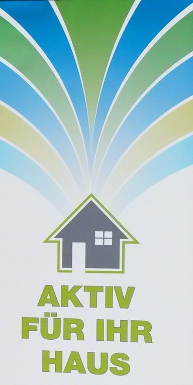 Haus-Symbol mit bunten Wellen und dem Text "Aktiv für Ihr Haus".